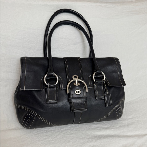 Rare Vintage Coach Black Leather Soho Flap Satchel Shoulder Bag Silver Buckle - Picture 1 of 14